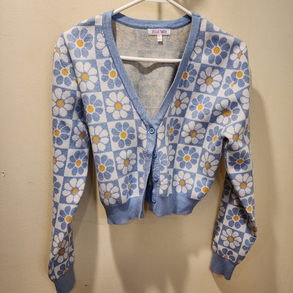 Stella Tweed Y2K Daisy Print V neck button Down Crop sweater size M - Picture 1 of 10